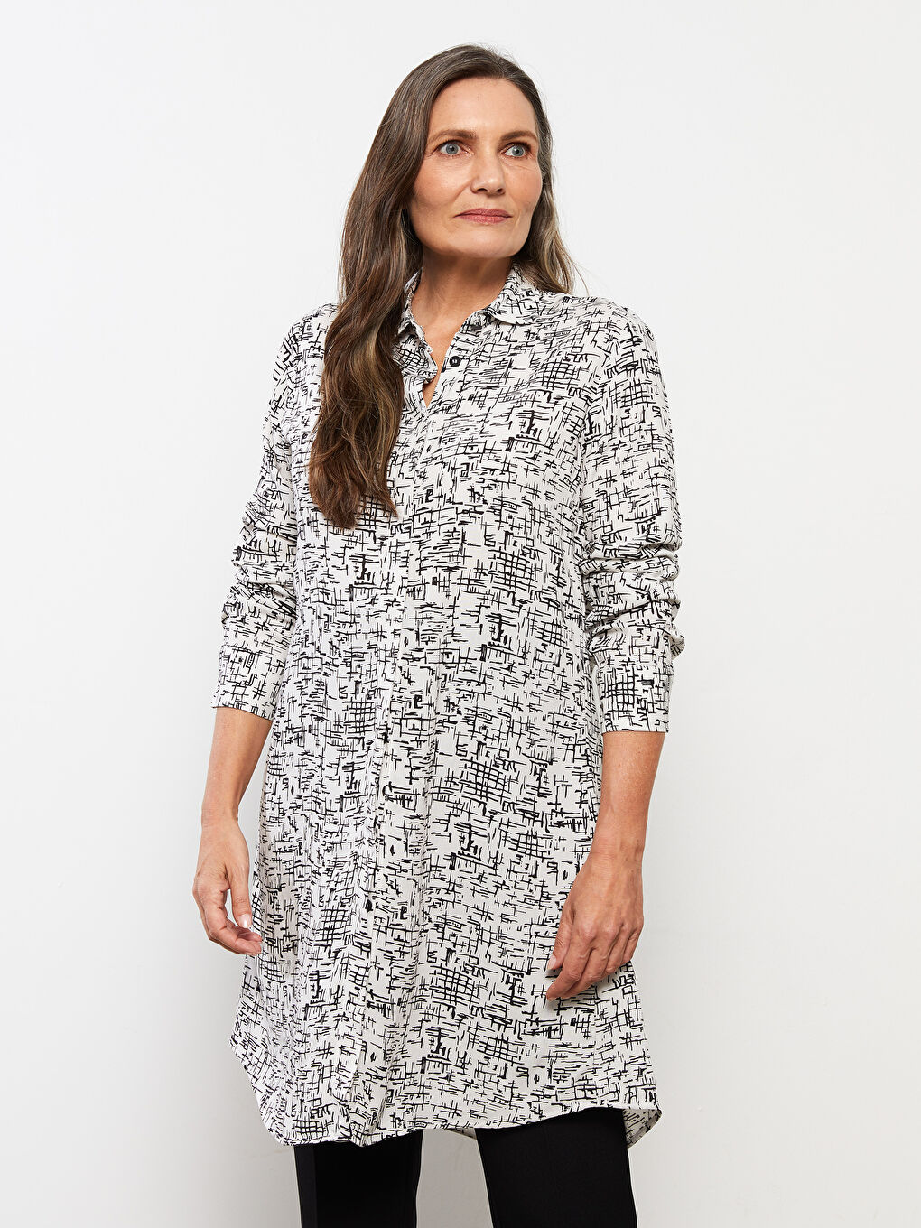 Bej Desenli Uzun Kollu Viskon Kadın Gömlek Tunik-1