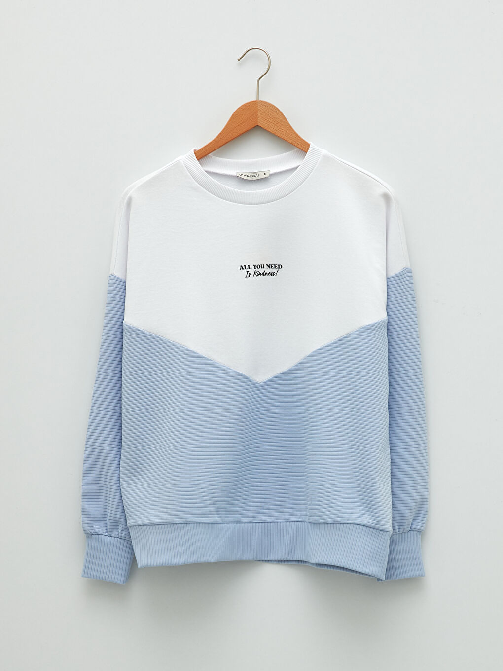 Beyaz Bisiklet Yaka Renk Bloklu Uzun Kollu Kadın Sweatshirt-5