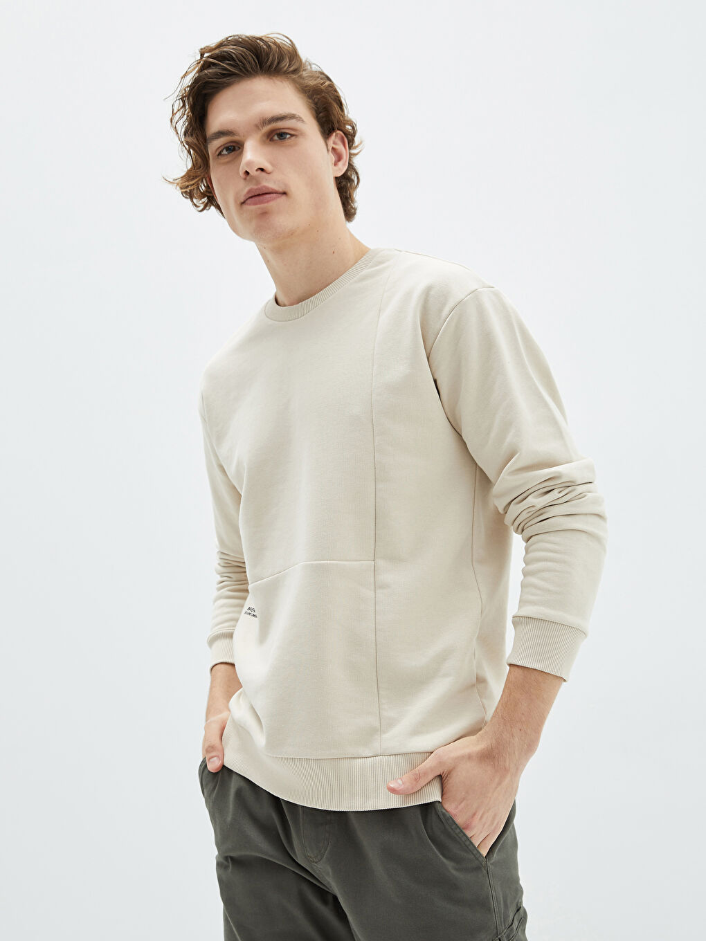 Bej Bisiklet Yaka Uzun Kollu Baskılı Erkek Sweatshirt-3