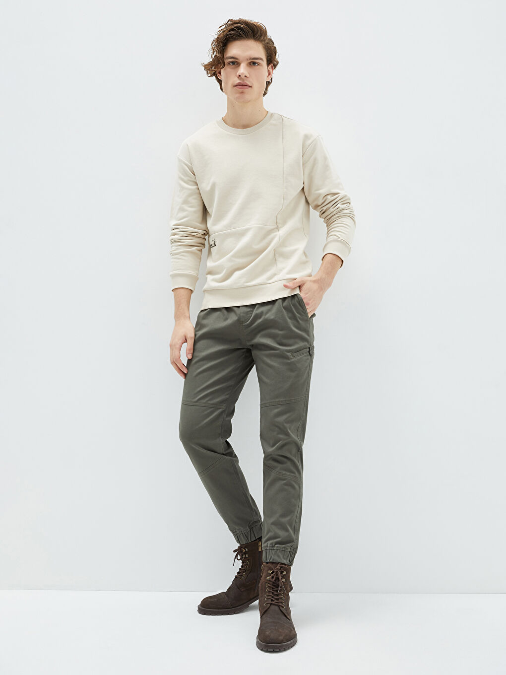 Bej Bisiklet Yaka Uzun Kollu Baskılı Erkek Sweatshirt-4