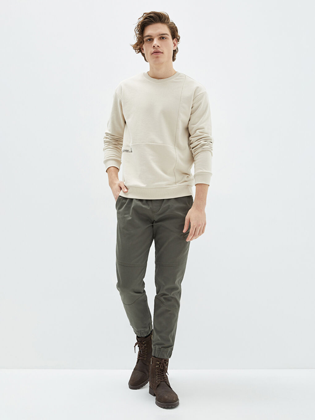 Bej Bisiklet Yaka Uzun Kollu Baskılı Erkek Sweatshirt-5