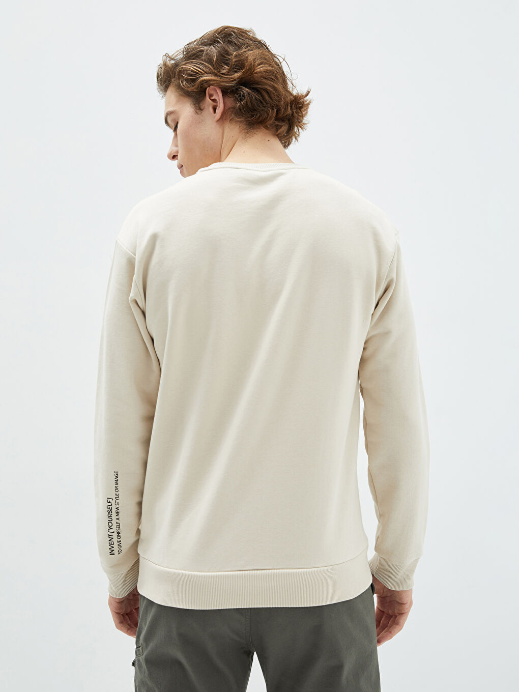 Bej Bisiklet Yaka Uzun Kollu Baskılı Erkek Sweatshirt-7