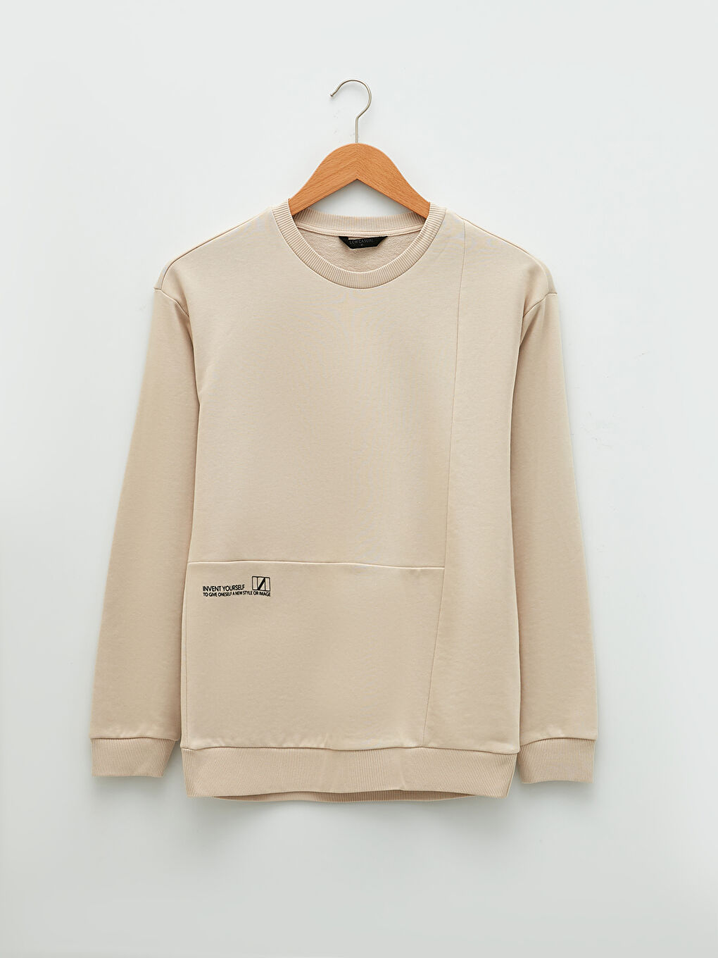 Bej Bisiklet Yaka Uzun Kollu Baskılı Erkek Sweatshirt