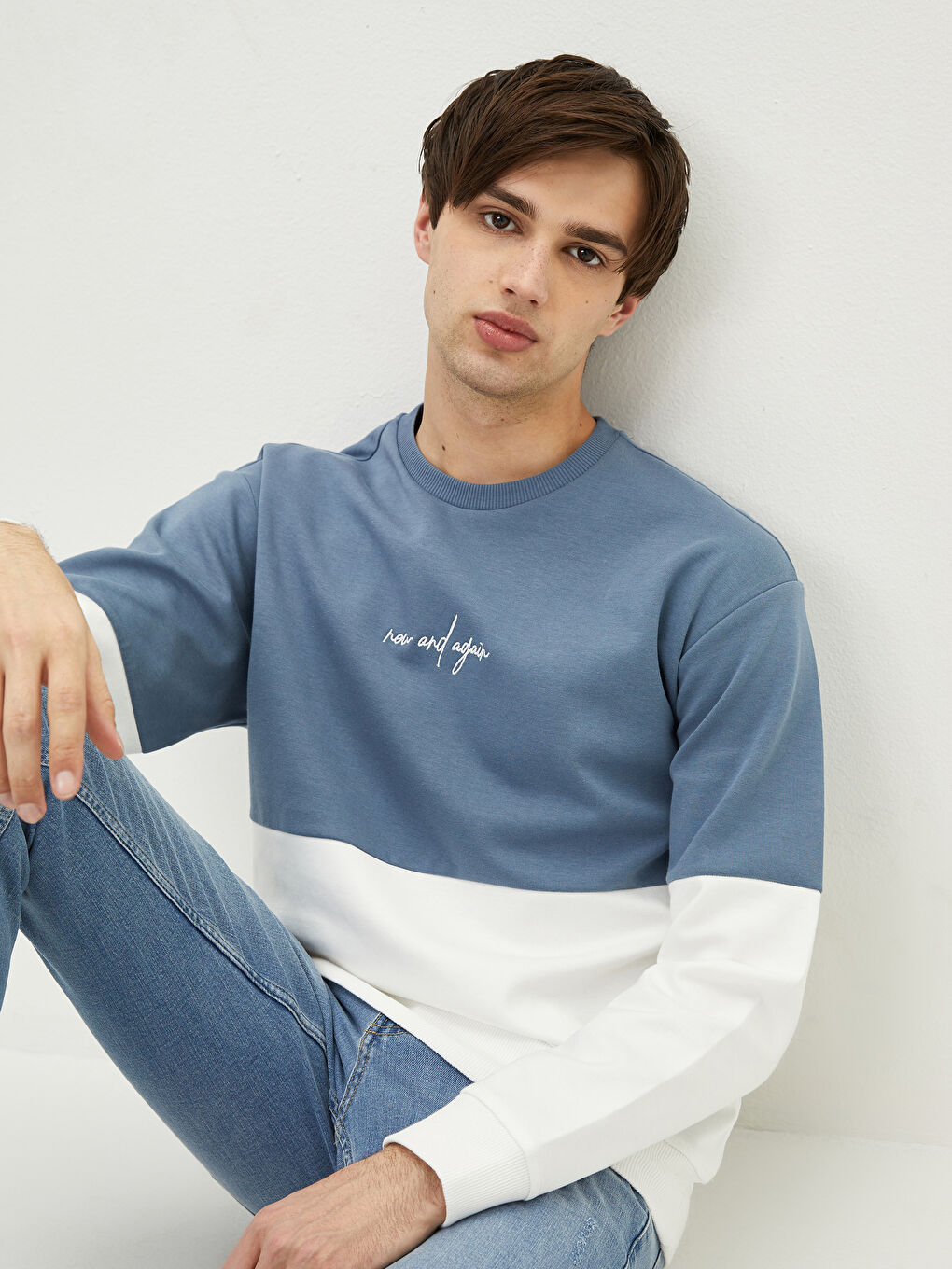 Petrol Bisiklet Yaka Uzun Kollu Nakışlı Erkek Sweatshirt