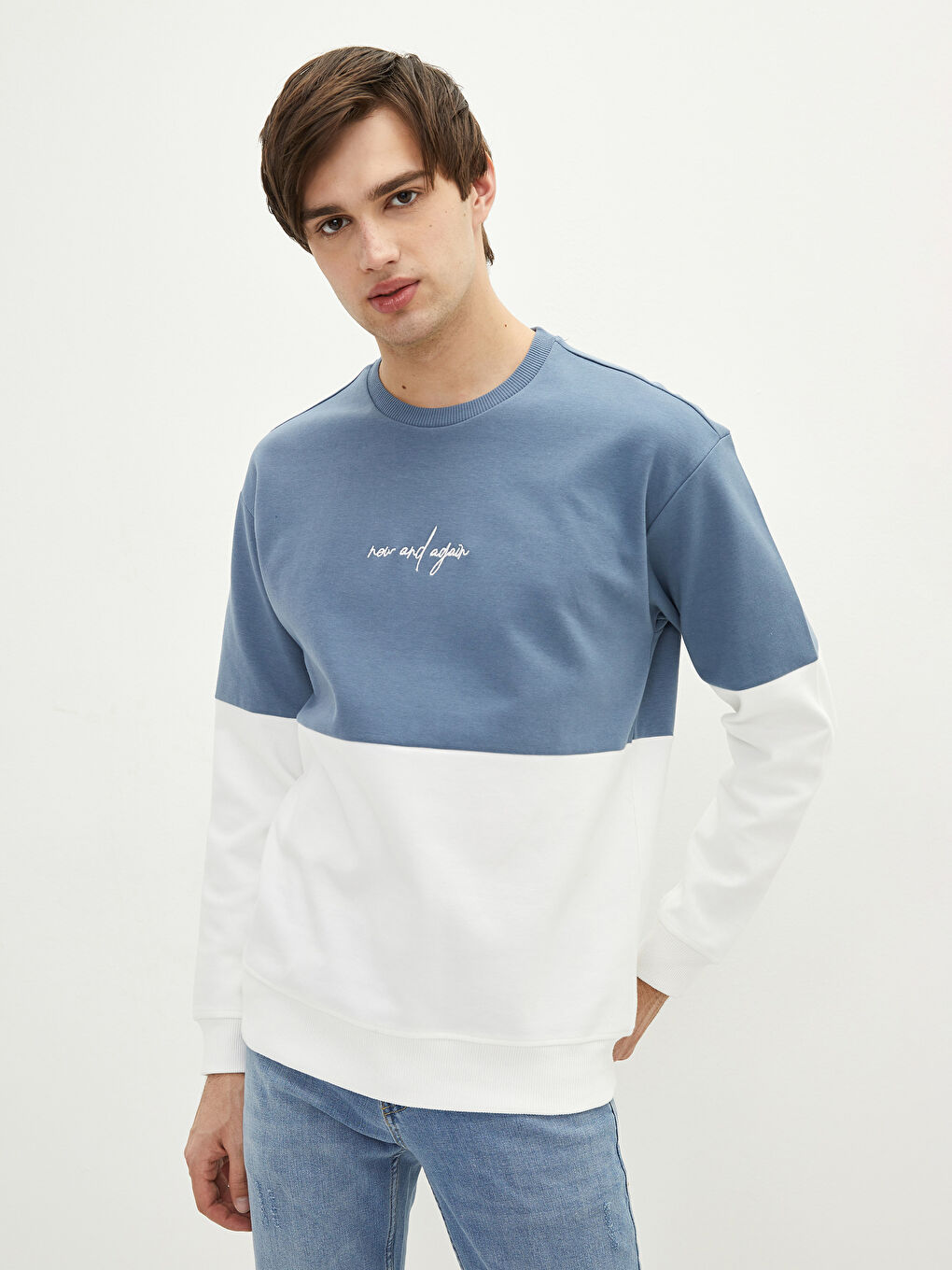 Petrol Bisiklet Yaka Uzun Kollu Nakışlı Erkek Sweatshirt-1