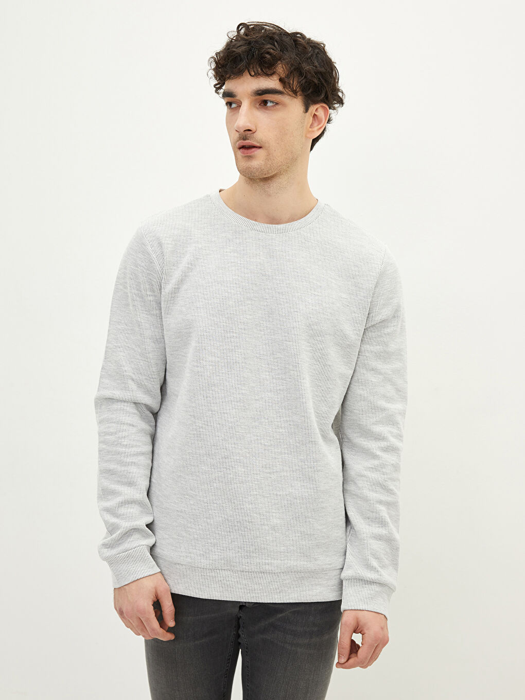 Gri Bisiklet Yaka Uzun Kollu Erkek Sweatshirt-1