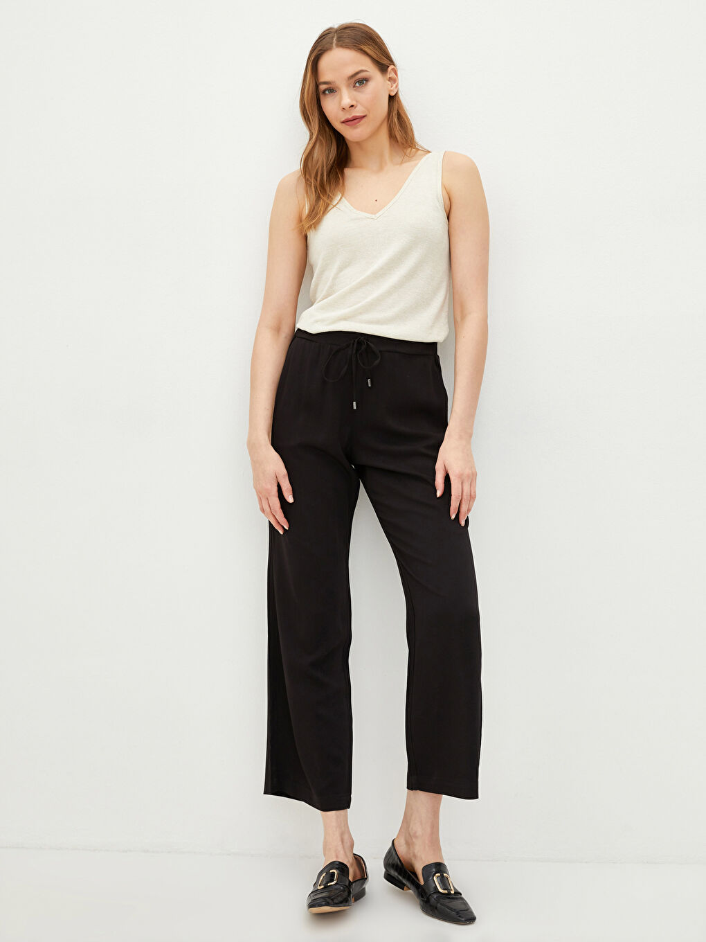Эластичный пояс прямые брюки с карманами из вискозы для женщин-2