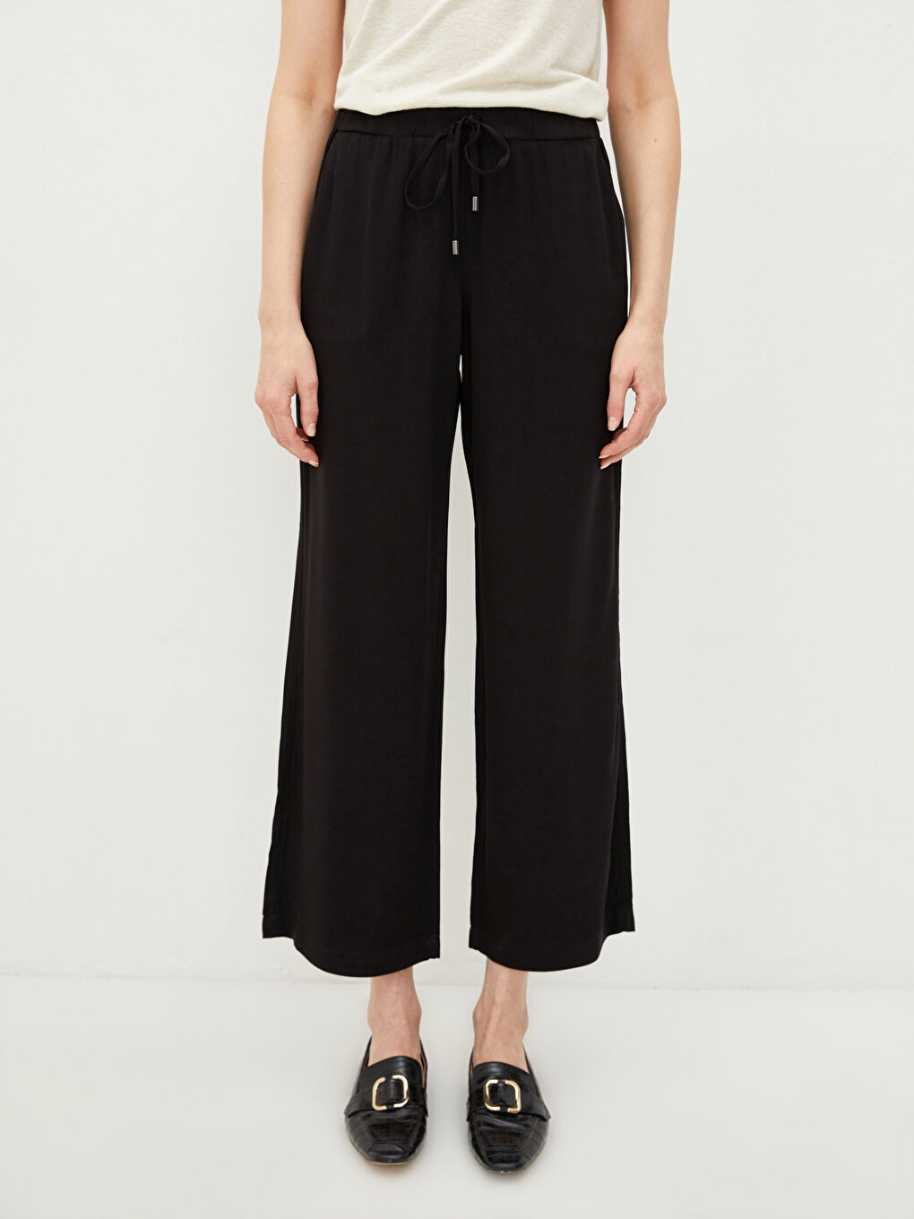 Эластичный пояс прямые брюки с карманами из вискозы для женщин-4