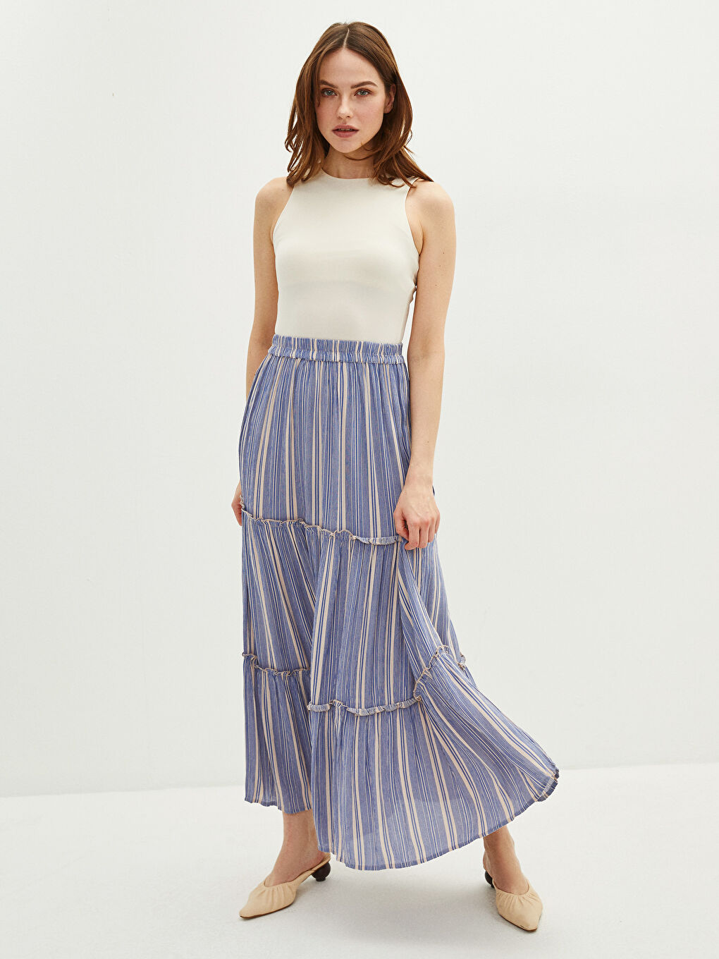 Mavi Beli Lastikli Çizgili Viskon Kadın Etek