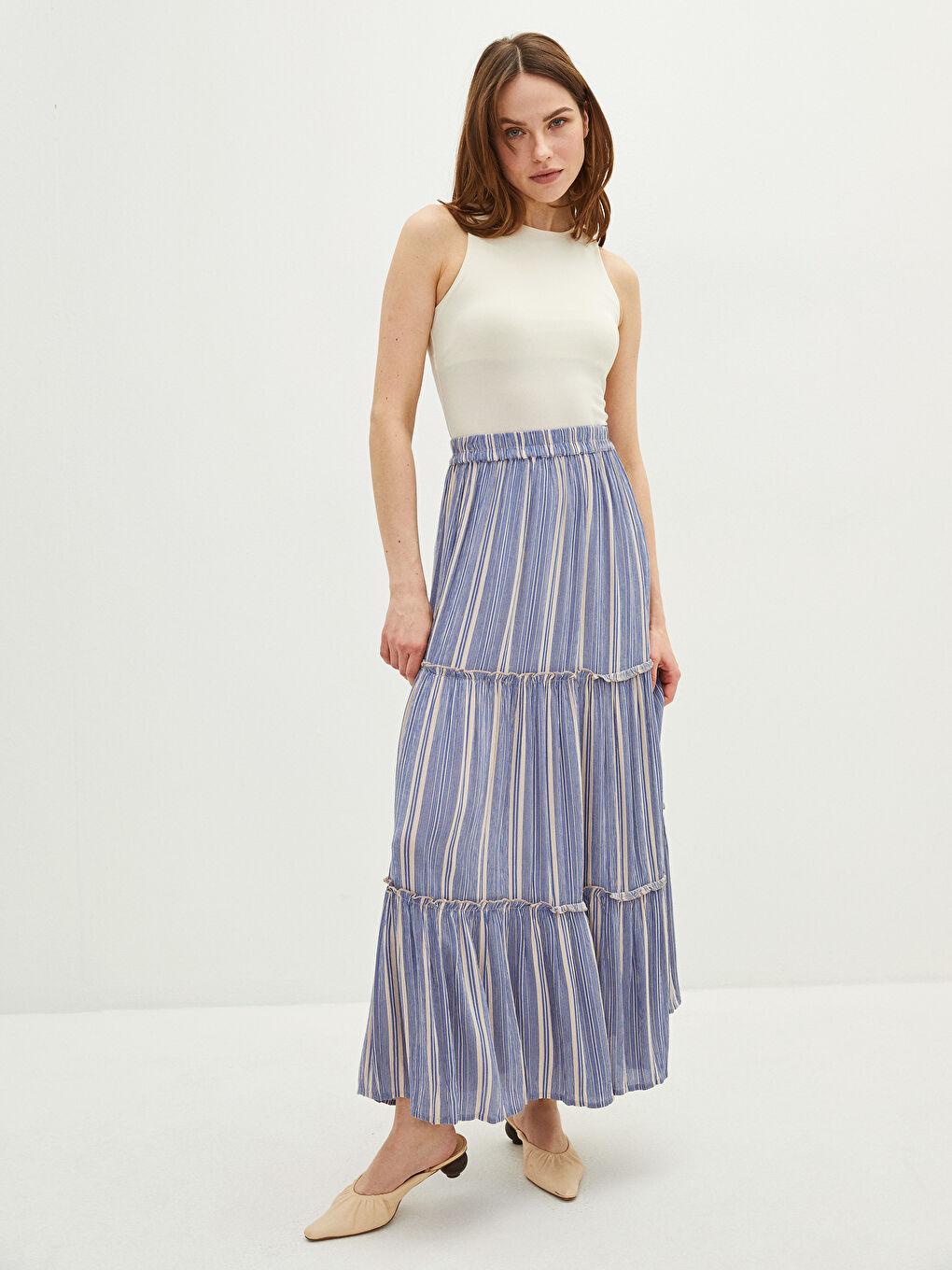 Mavi Beli Lastikli Çizgili Viskon Kadın Etek-1