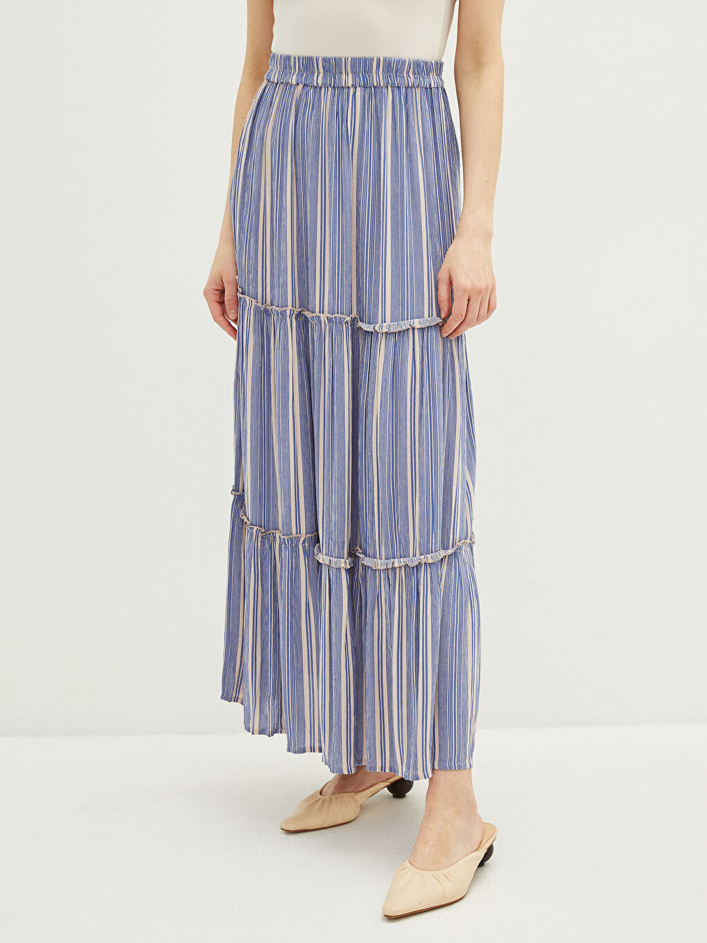 Mavi Beli Lastikli Çizgili Viskon Kadın Etek-2