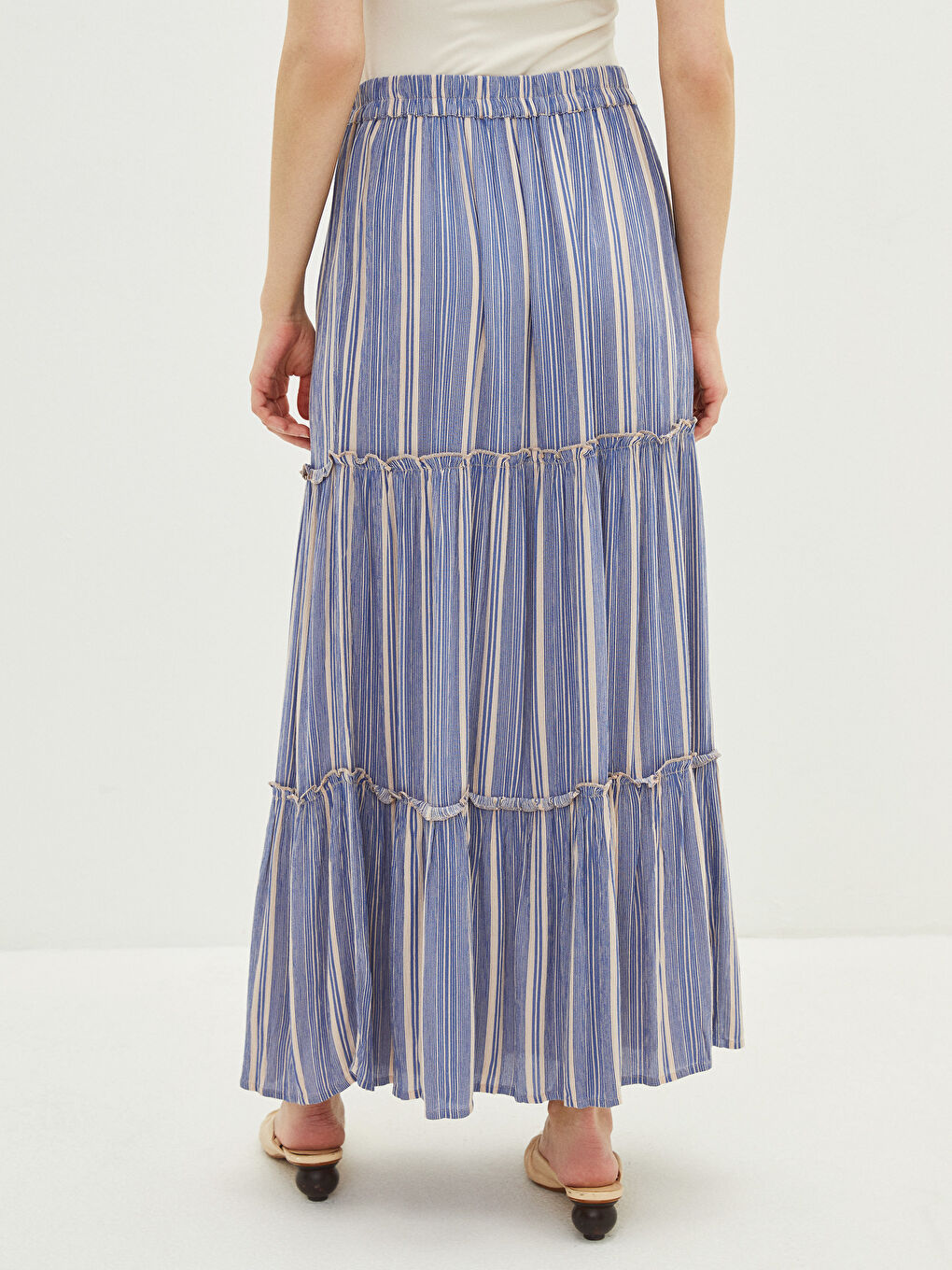 Mavi Beli Lastikli Çizgili Viskon Kadın Etek-3