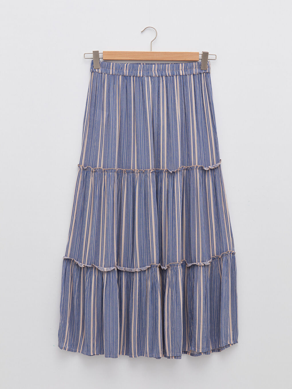 Mavi Beli Lastikli Çizgili Viskon Kadın Etek-5