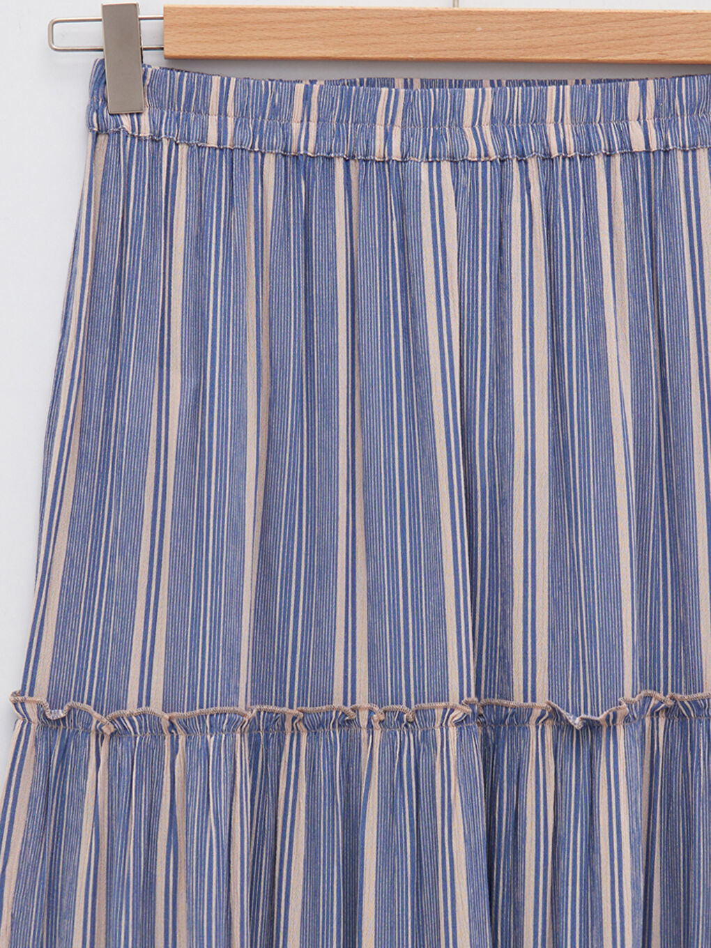 Mavi Beli Lastikli Çizgili Viskon Kadın Etek-7