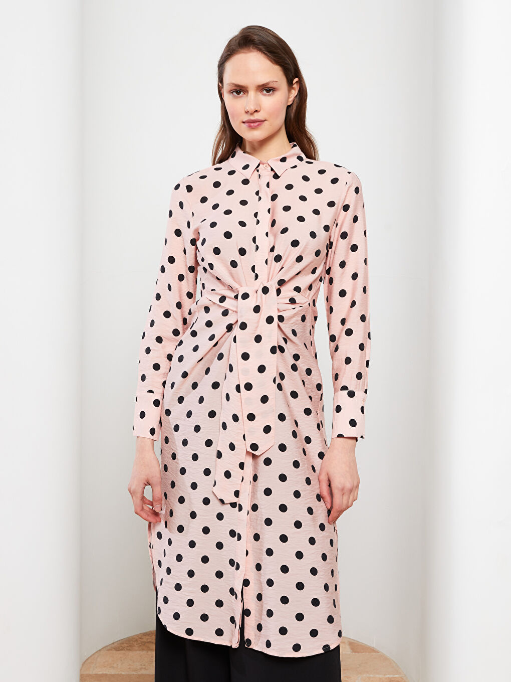 تونيك قميص نسائي بنقشة البولكا دوت بأكمام طويلة-1