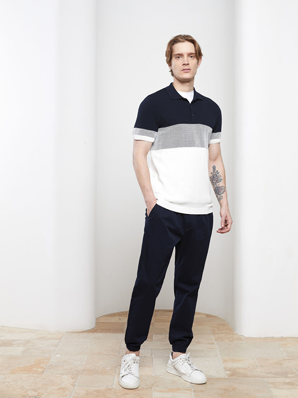 Lacivert Polo Yaka Kısa Kollu Renk Bloklu Erkek Kazak