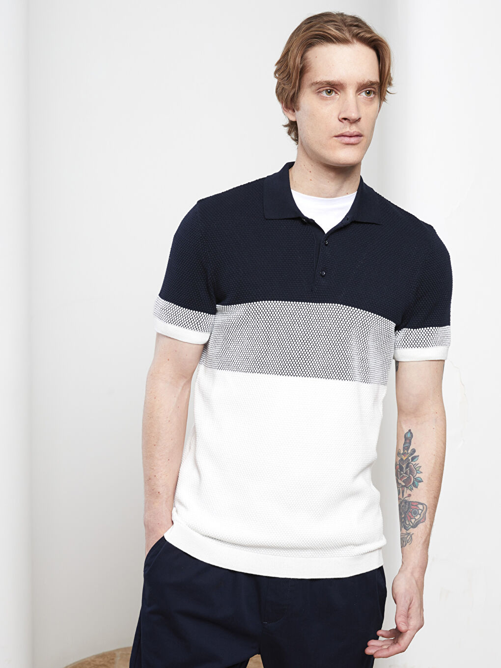 Lacivert Polo Yaka Kısa Kollu Renk Bloklu Erkek Kazak-1