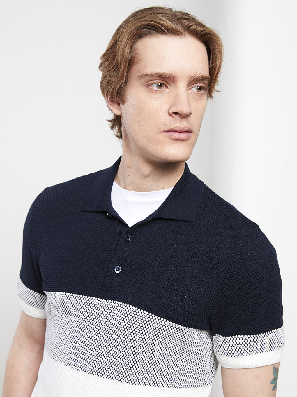 Lacivert Polo Yaka Kısa Kollu Renk Bloklu Erkek Kazak-2