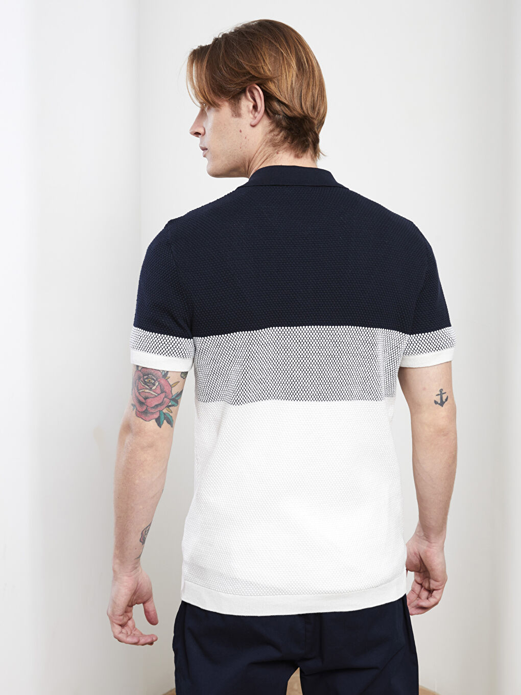 Lacivert Polo Yaka Kısa Kollu Renk Bloklu Erkek Kazak-3