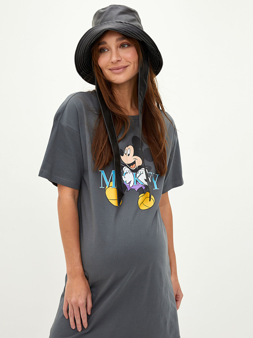 Crew Neck Mickey Mouse Printed Short Sleeve Cotton Maternity Dress