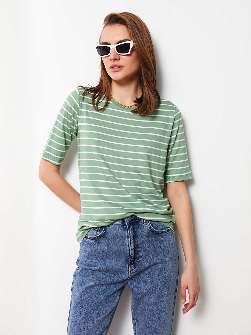 Crew Neck Striped Short Sleeve Women's T-Shirt-1