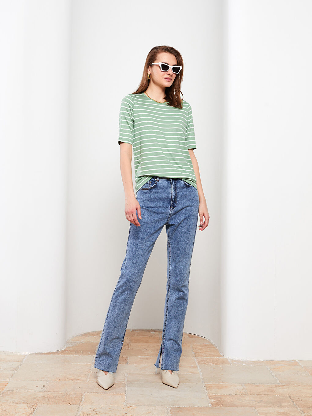 Crew Neck Striped Short Sleeve Women's T-Shirt-2