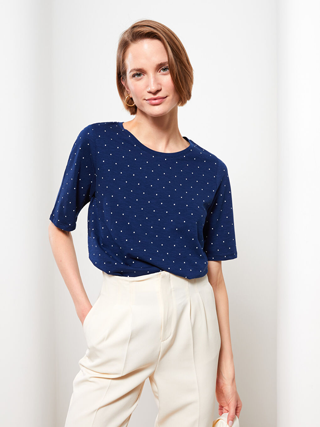 Crew Neck Polka Dot Short Sleeve Cotton Women's T-Shirt -S2AG55Z8-LSJ
