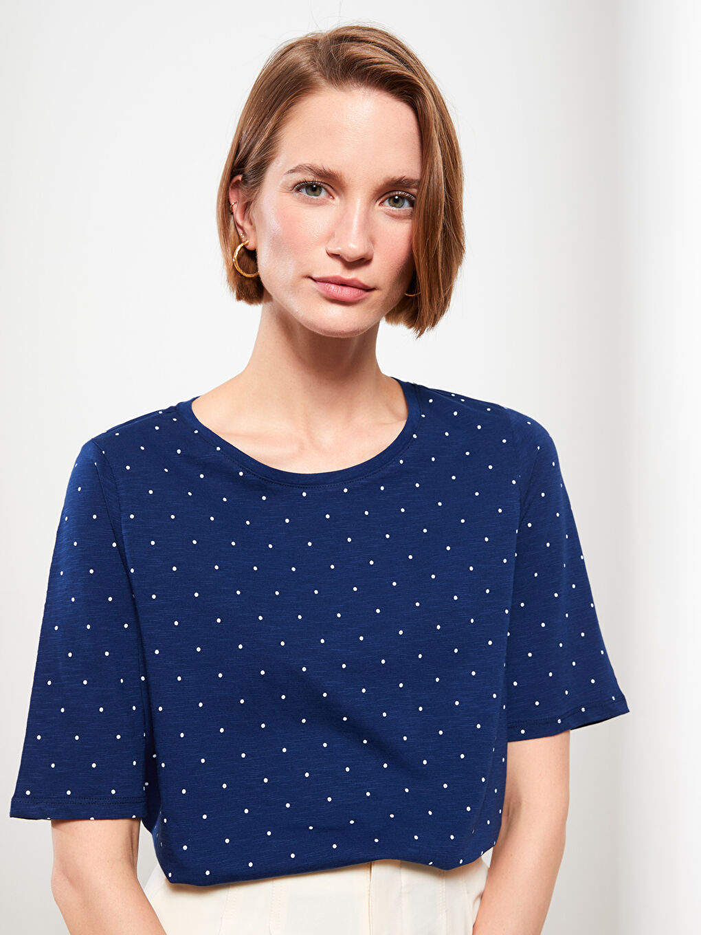 Crew Neck Polka Dot Short Sleeve Cotton Women's T-Shirt -S2AG55Z8-LSJ