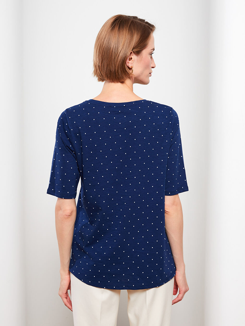 Crew Neck Polka Dot Short Sleeve Cotton Women's T-Shirt -S2AG55Z8-LSJ