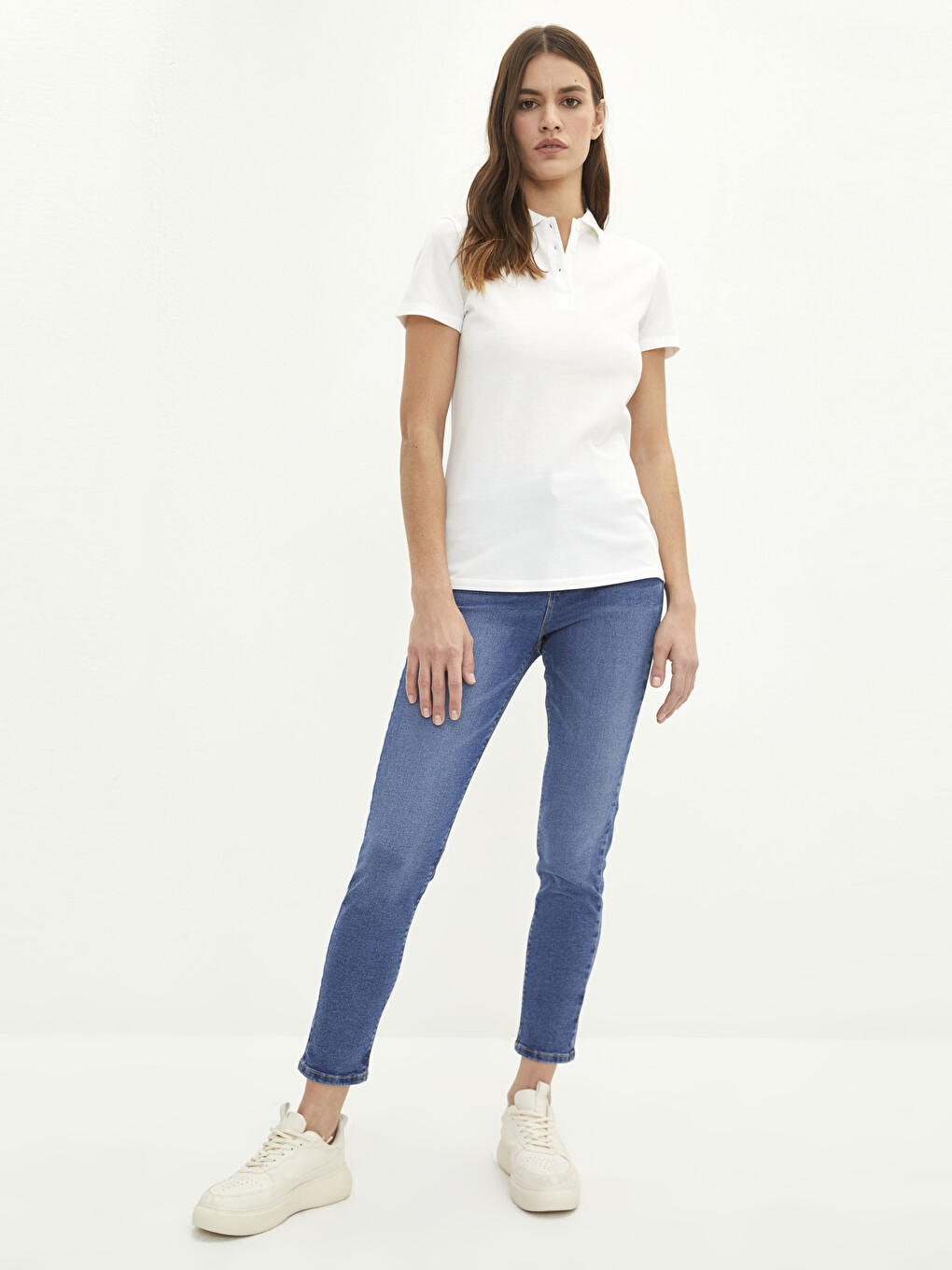 Polo Neck Plain Short Sleeve Women's T-shirt-2