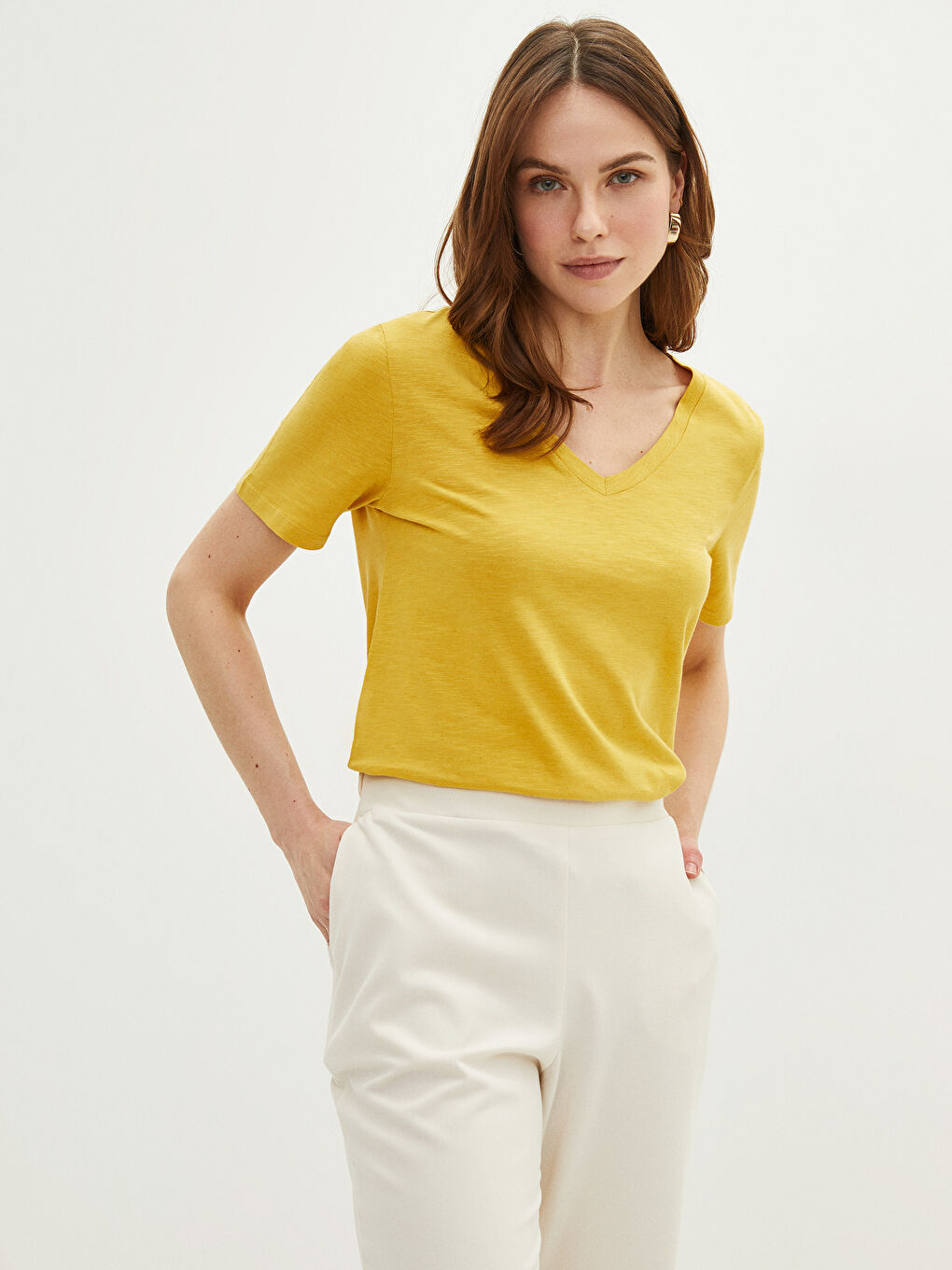 V-neck Straight Short Sleeve Cotton Women's T-Shirt