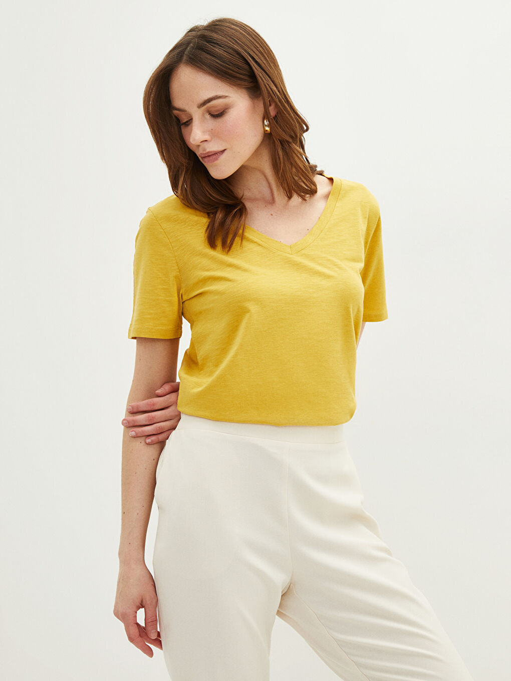 V-neck Straight Short Sleeve Cotton Women's T-Shirt-1