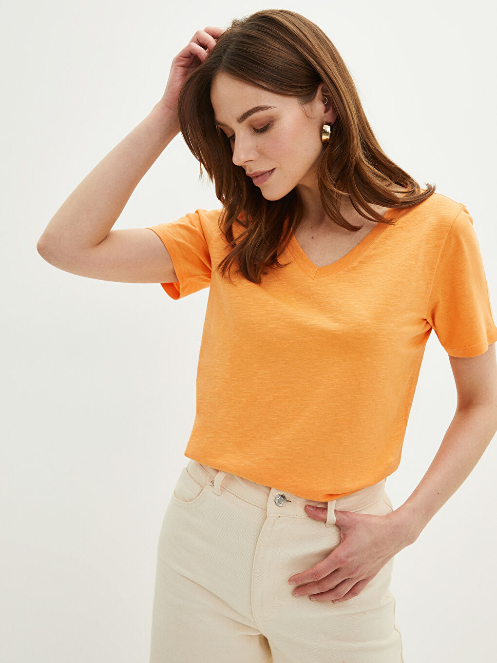V-neck Straight Short Sleeve Cotton Women's T-Shirt -S2AG57Z8-FK0