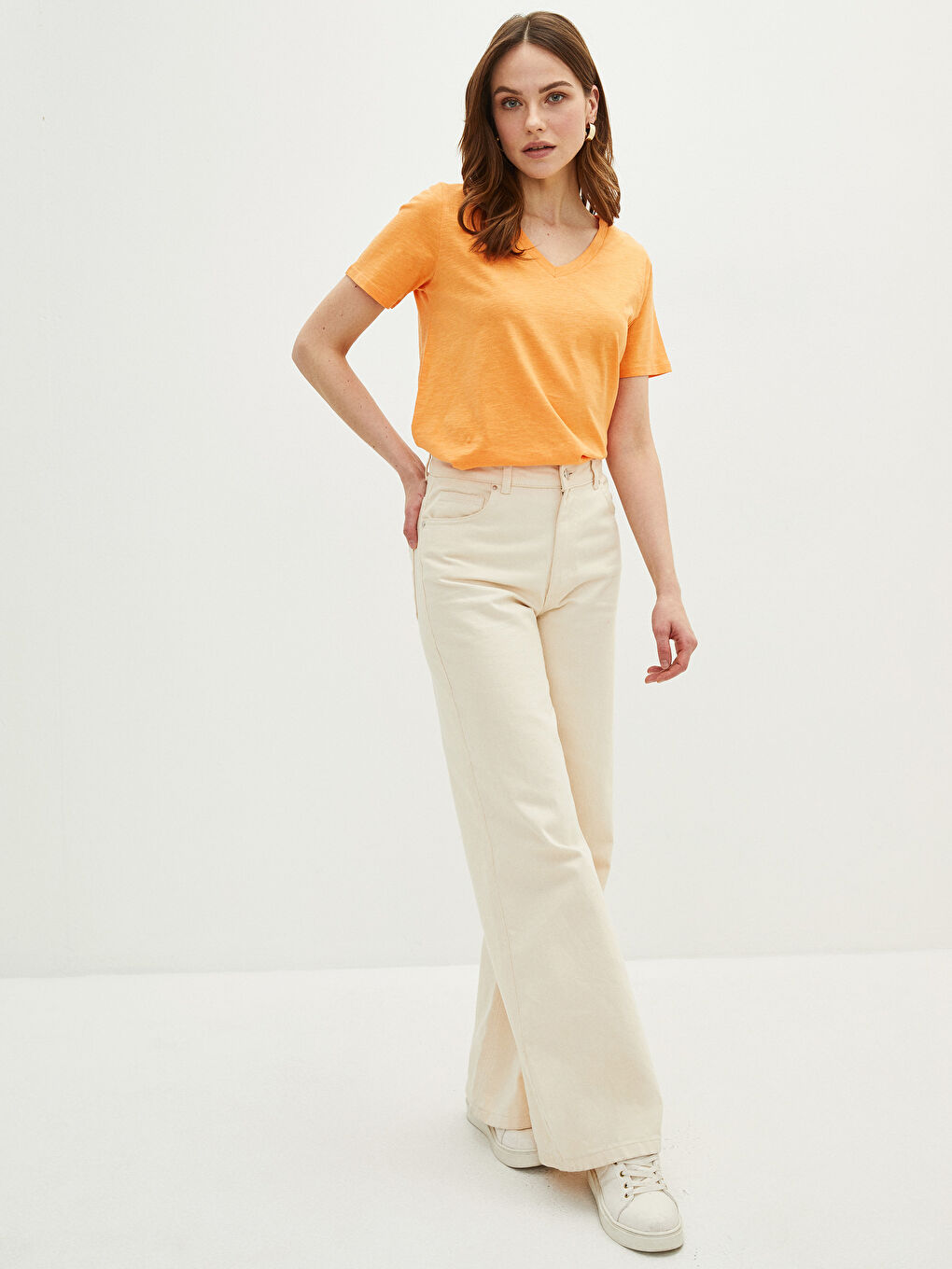V-neck Straight Short Sleeve Cotton Women's T-Shirt -S2AG57Z8-FK0