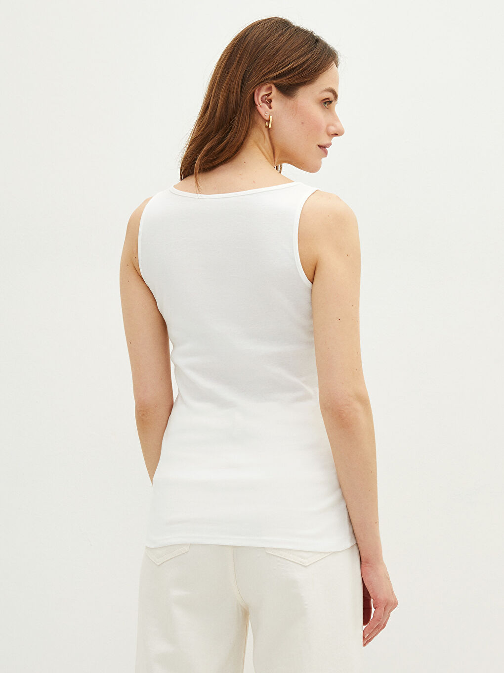 Ekru U Yaka Düz Pamuklu Kadın Atlet-4