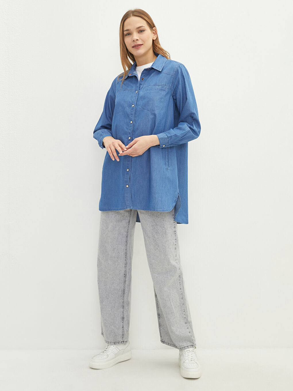 تونيك جينز بياقة قميص بتفاصيل جيب وكم طويل للسيدات-7