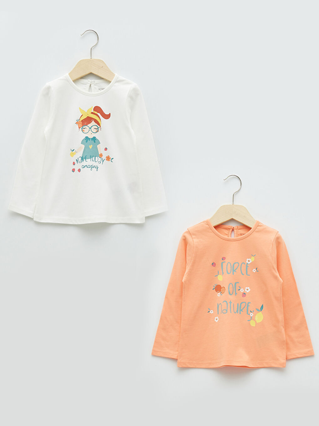 تيشيرت ياقة دائرية كم طويل مطبوع بنات رضع - مجموعة من 2