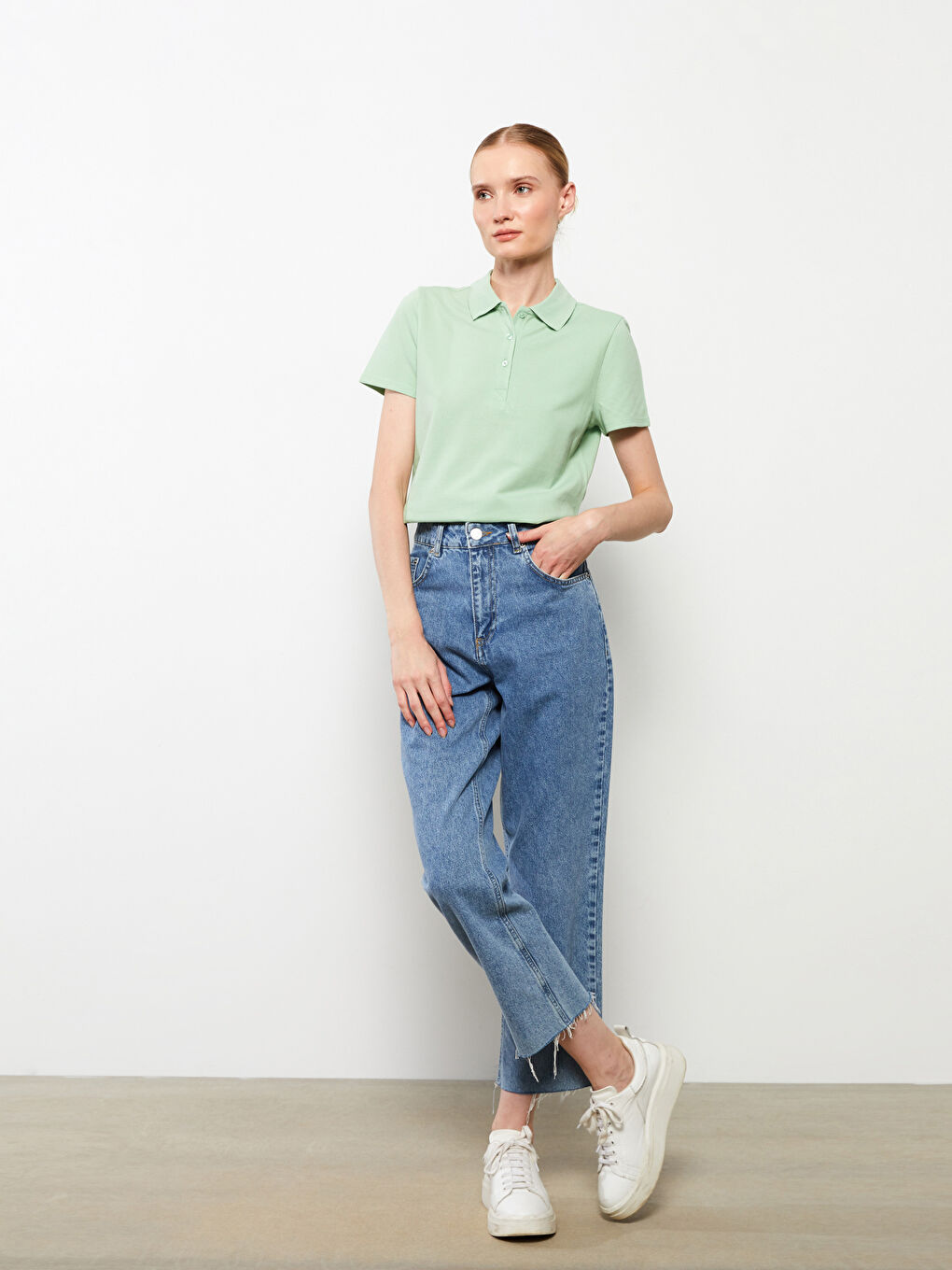 Polo Neck Straight Short Sleeve Cotton Women's T-Shirt-1