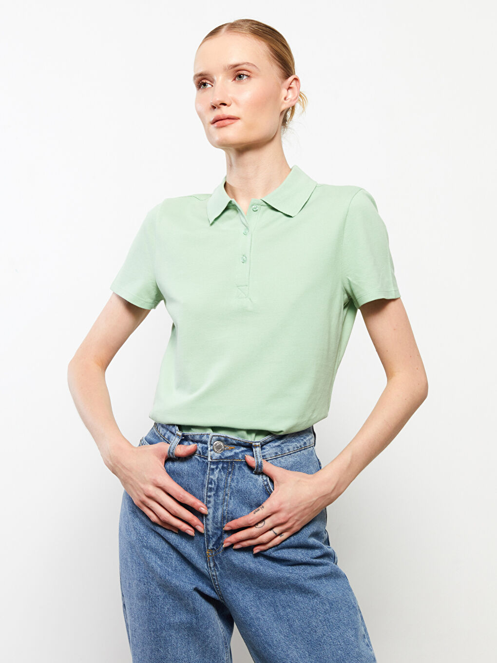 Polo Neck Straight Short Sleeve Cotton Women's T-Shirt-2