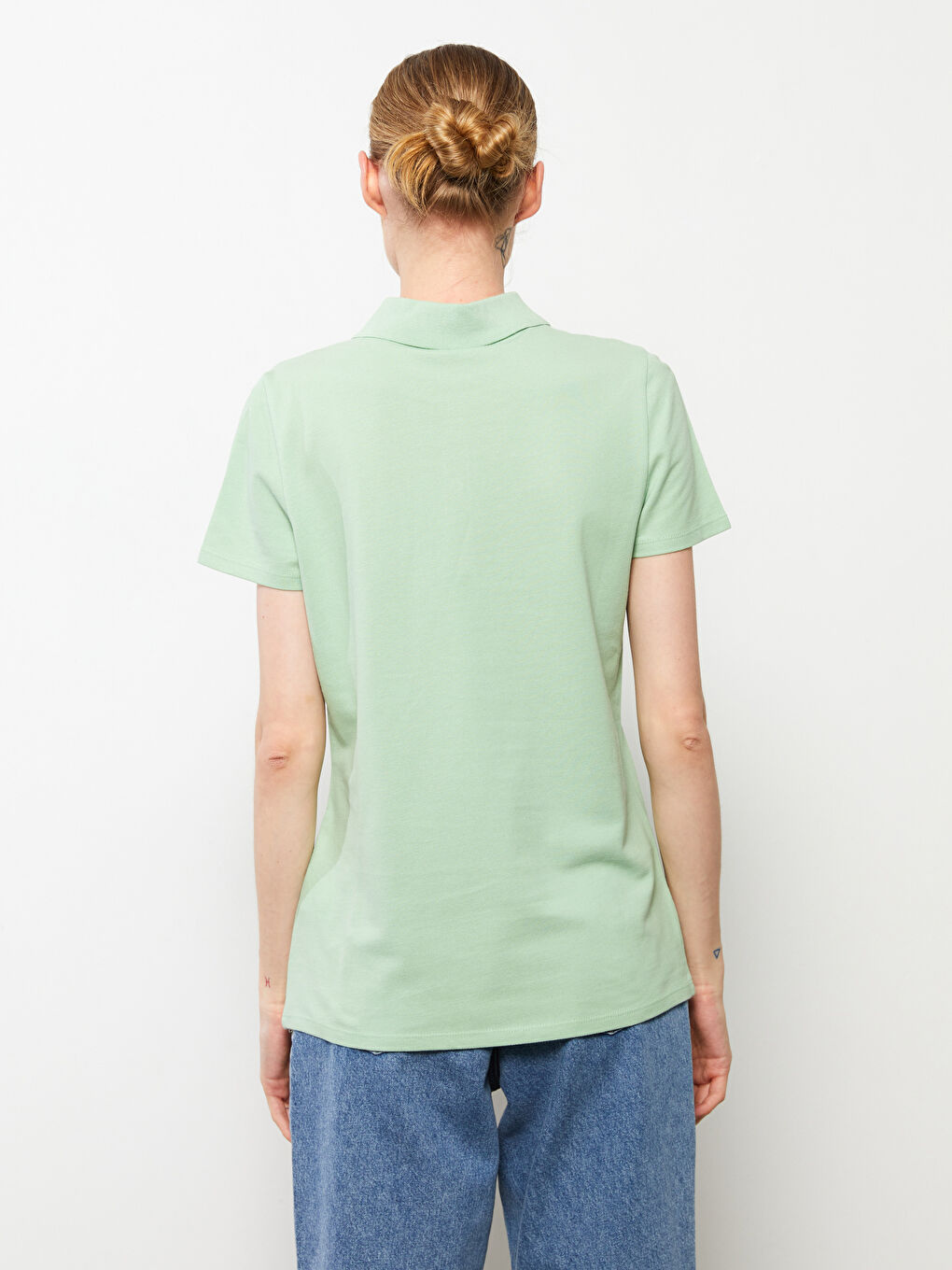 Polo Neck Straight Short Sleeve Cotton Women's T-Shirt-4