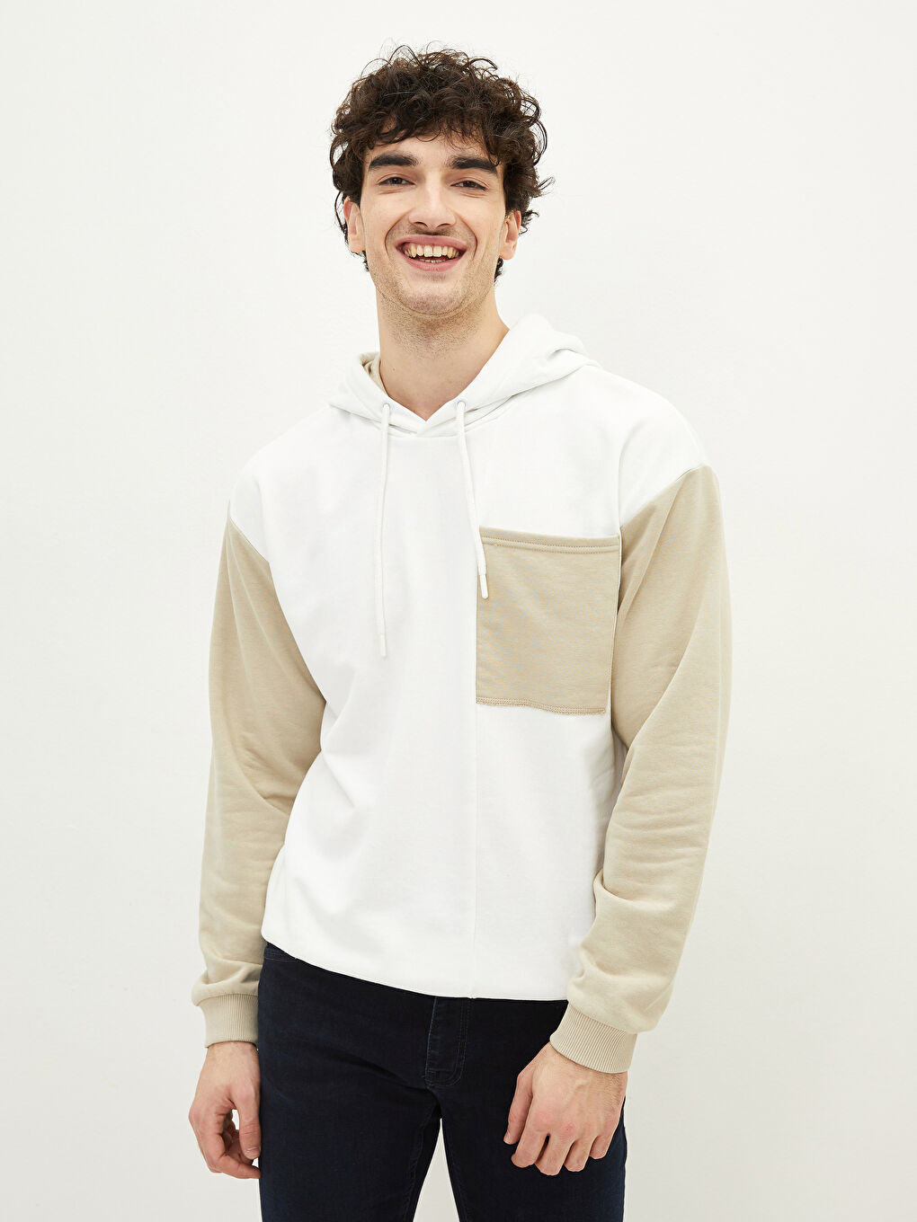 Uzun Kollu Renk Bloklu Erkek Hoodie-1