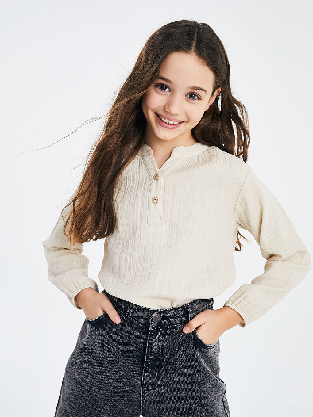V-Neck Basic Long Sleeve Cotton Girls' Blouse