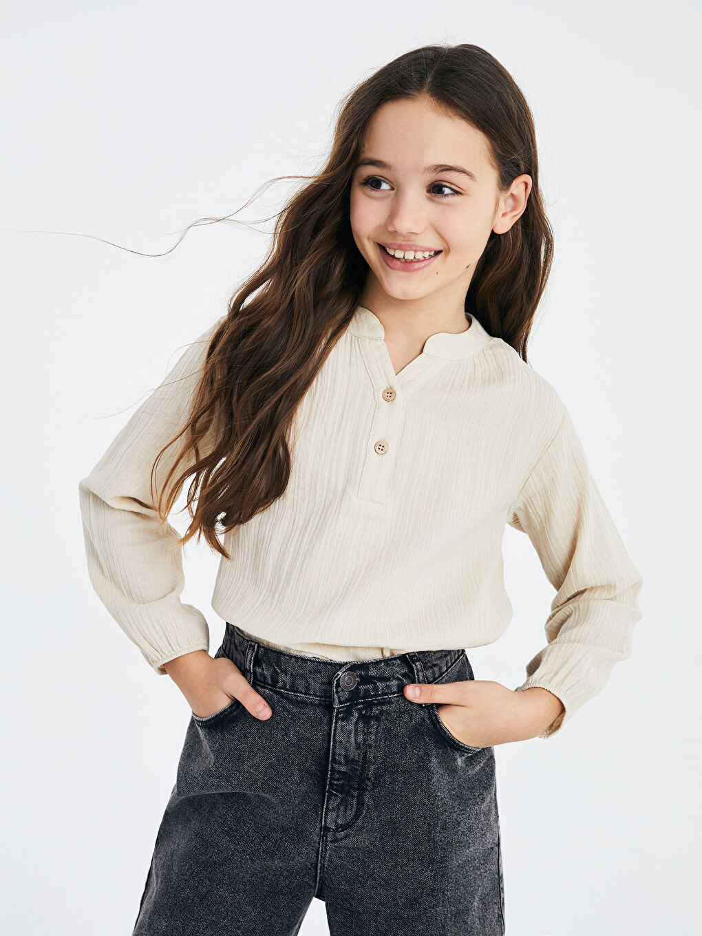 V-Neck Basic Long Sleeve Cotton Girls' Blouse-1