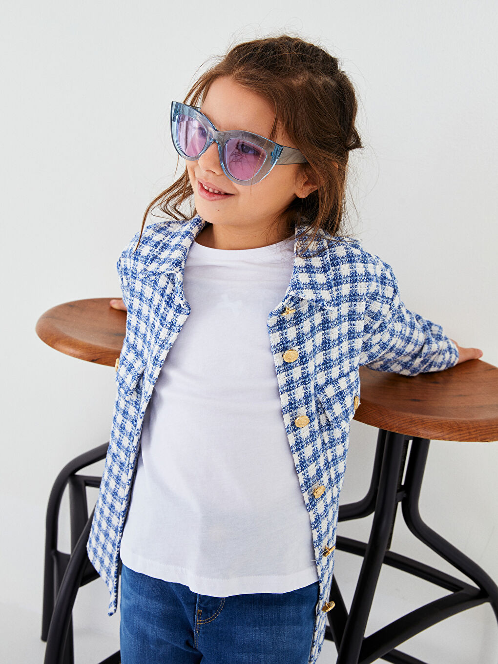 Chemise Fille à Manches Longues en Gabardine Écossaise-1