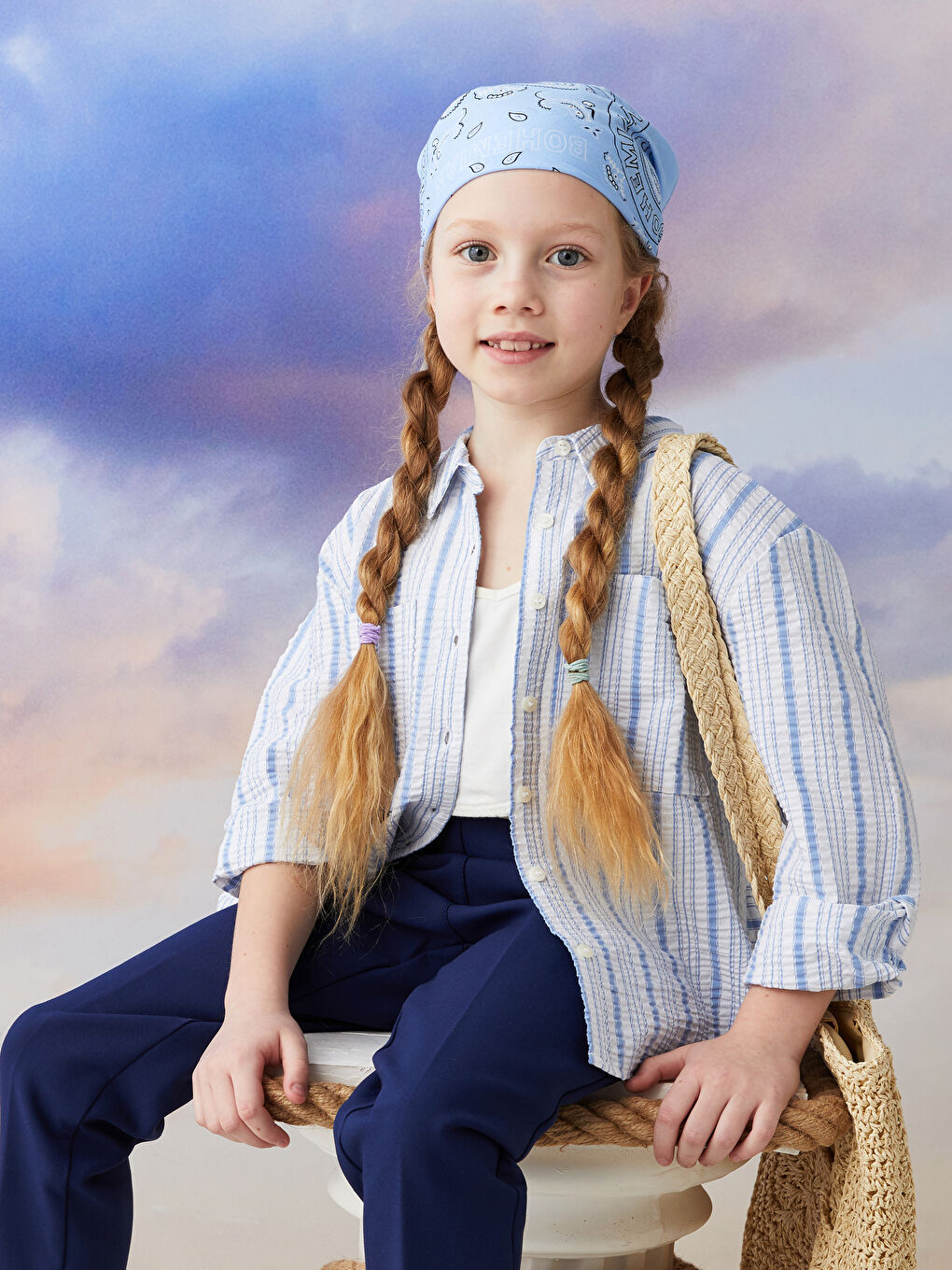 Mavi Çizgili Uzun Kollu Kız Çocuk Gömlek