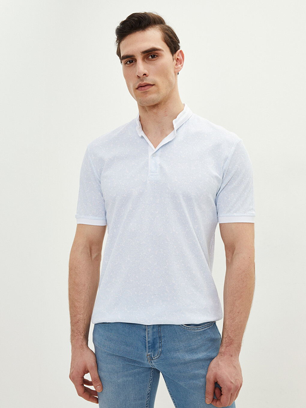 Grandad Collar Short Sleeve Patterned Men's T-shirt-1