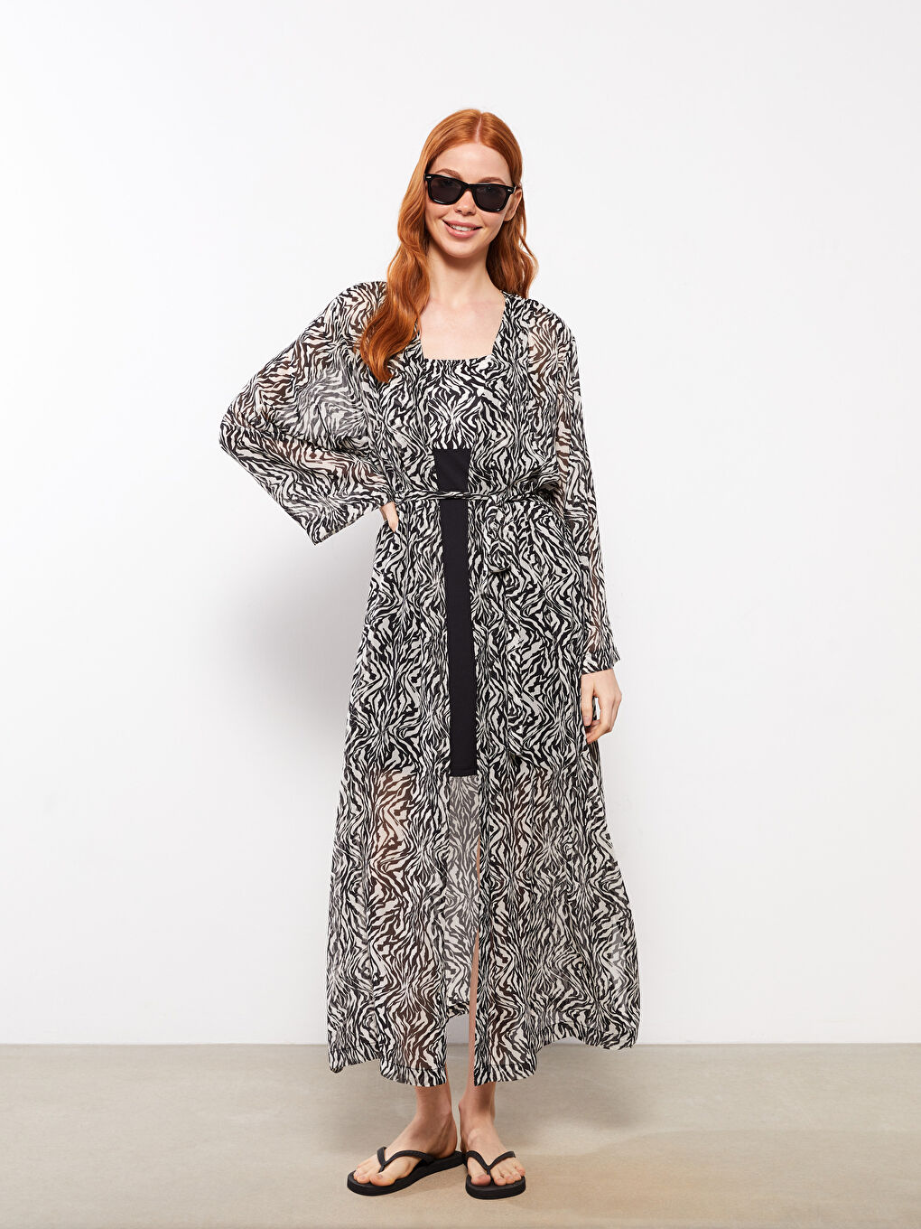 Bej Şal Yaka Desenli Uzun Kollu Şifon Kadın Kimono