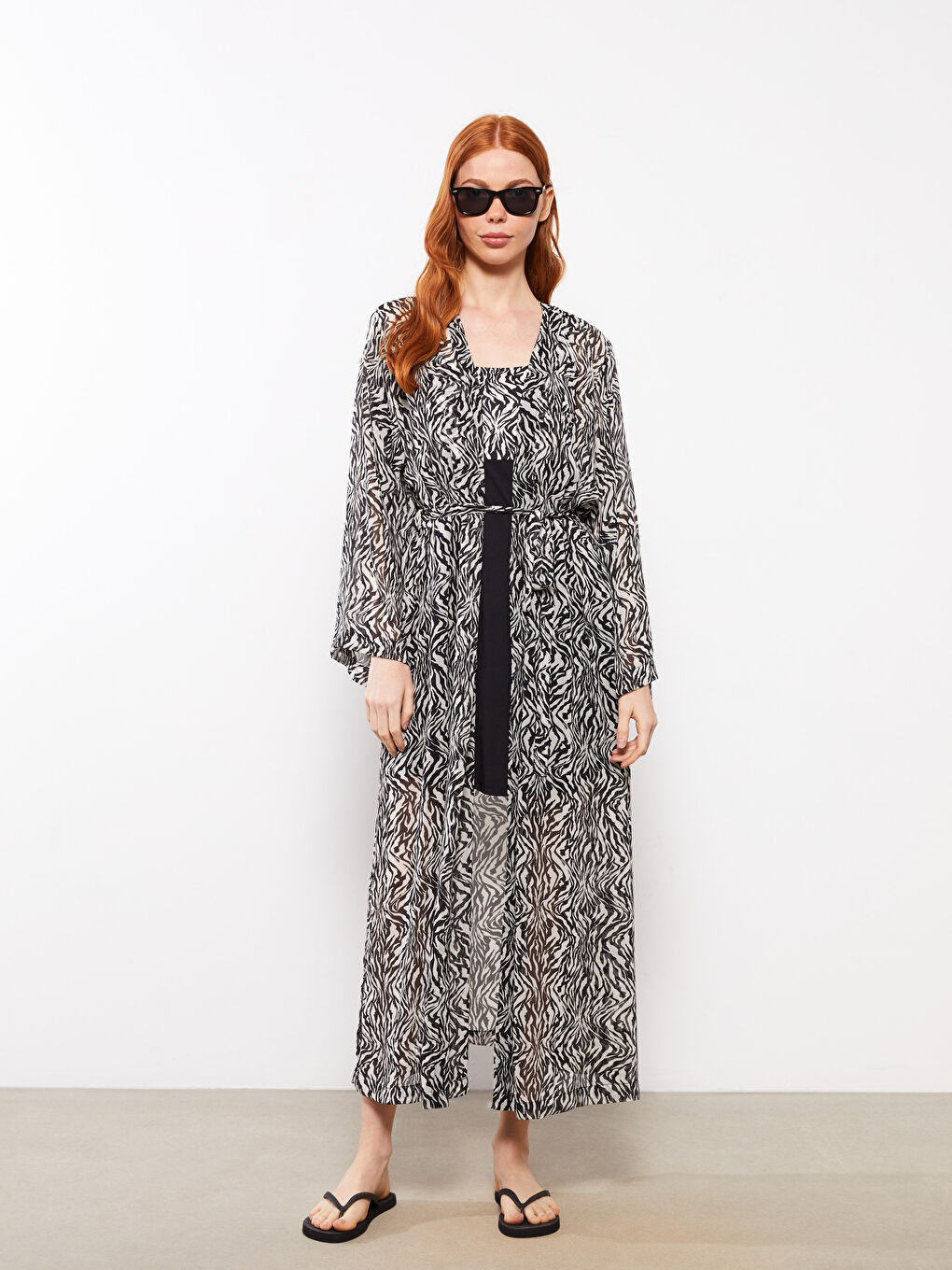 Bej Şal Yaka Desenli Uzun Kollu Şifon Kadın Kimono-1