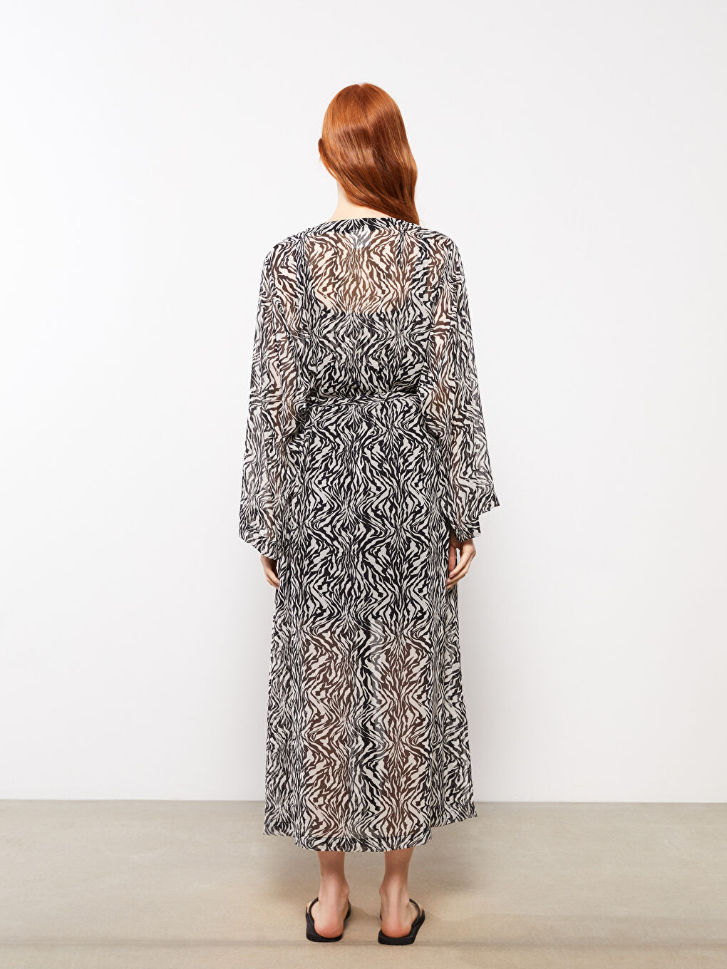 Bej Şal Yaka Desenli Uzun Kollu Şifon Kadın Kimono-4