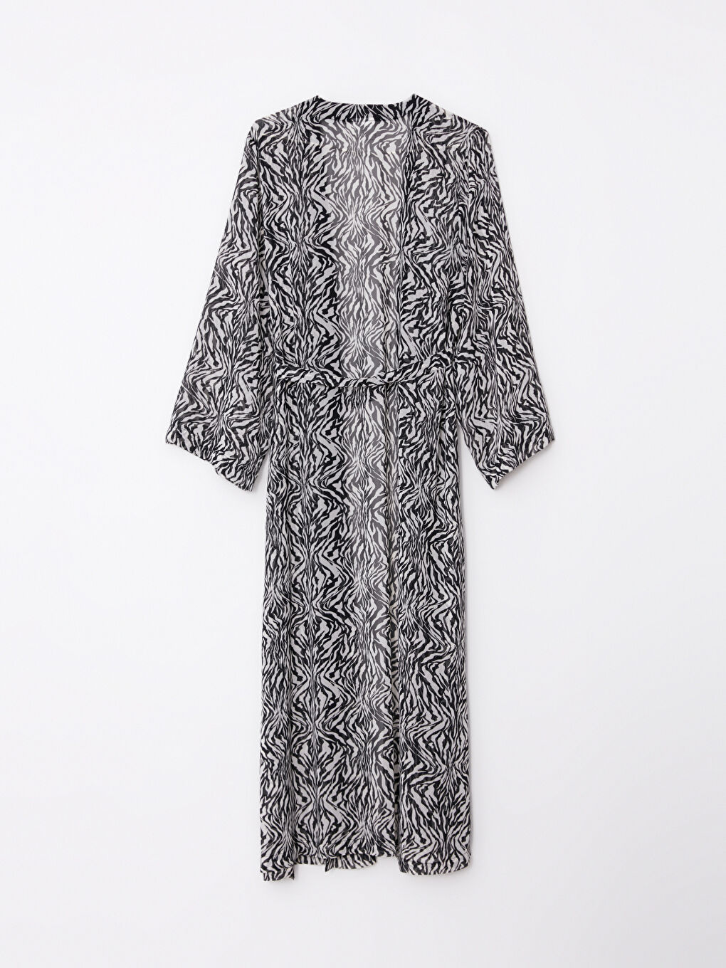 Bej Şal Yaka Desenli Uzun Kollu Şifon Kadın Kimono-6